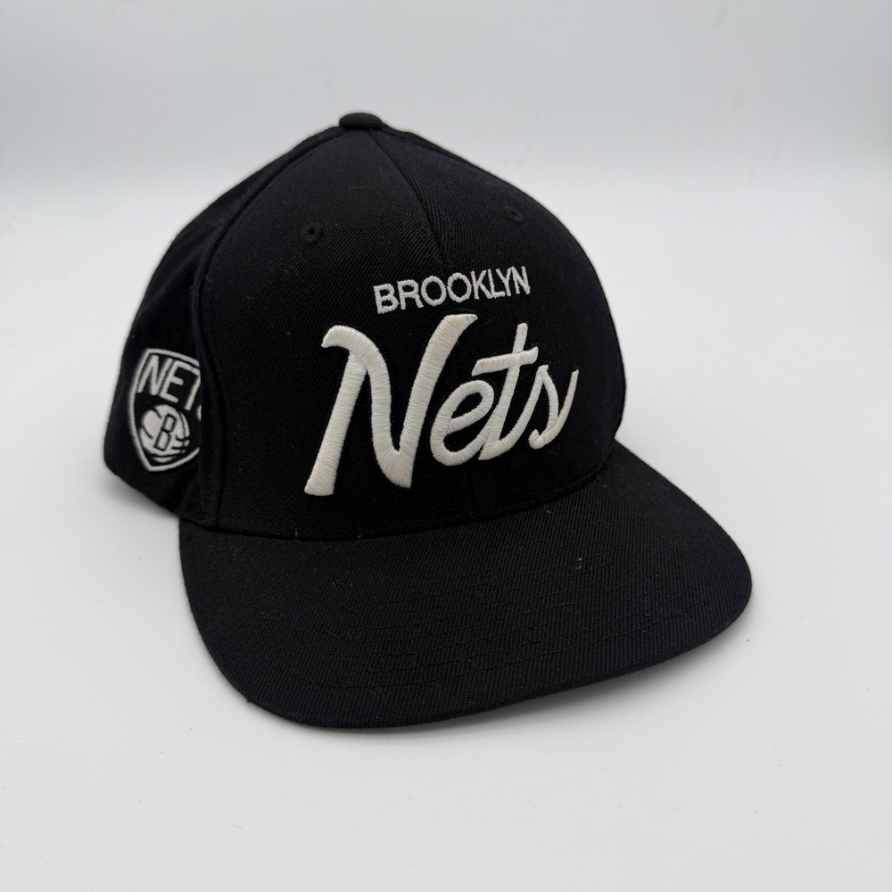 Mitchell & Ness Brooklyn Nets Snapback Hat Black White Script NBA Basketball Cap
